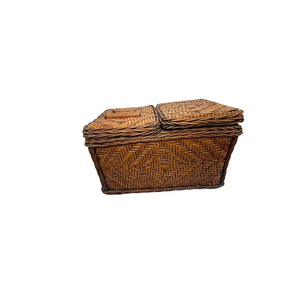 Vintage Woven Wicker Dual Compartment Tissue Box Cover and Storage Basket Brown